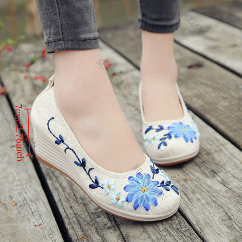Vintage Fashion Female - Scarpe con Zeppa Ricamate da Donna,